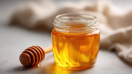 Golden Honey in Glass Jar with Wooden Honey Dipper on a Table Delicious and Natural Sweetener