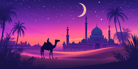 Obraz premium A serene desert landscape at dusk with a crescent moon and stars, featuring a camel rider approaching a majestic mosque silhouette amidst palms and mountains.