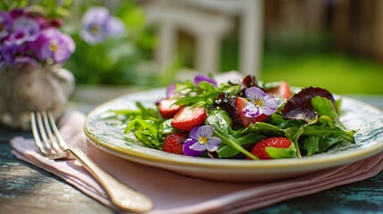 Romantic salad plate with arugula, strawberries, and edible violets, pale napkin, rustic fork, garden ambiance