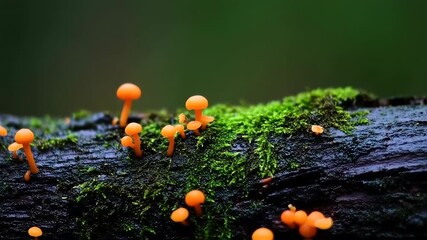 orange mushroom with moss on a trunk - Powered by Adobe