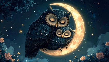 三日月と眠る親子のフクロウ