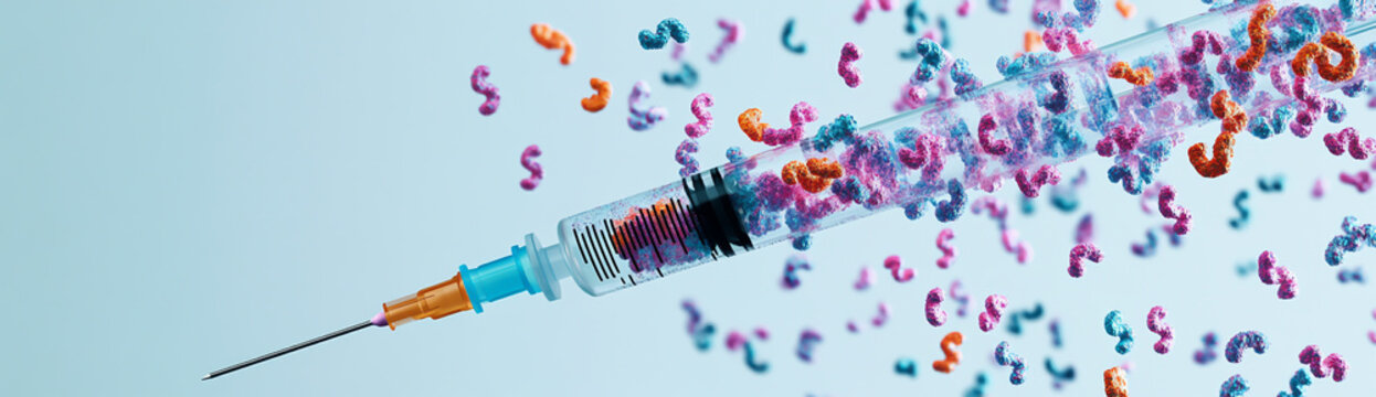 A needle filled with DNA strands and colored initials, symbolizing cells being freshly imploded by an I.V. syringe for a whole