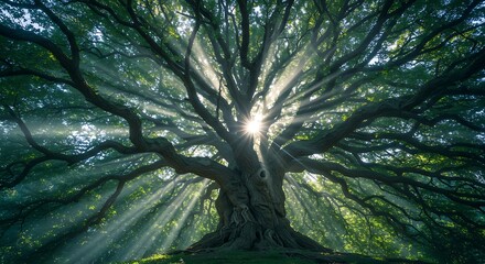 Majestic tree with sunburst rays piercing through lush green foliage