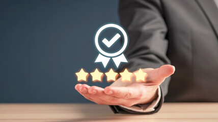 A professional business photograph of a hand in a dark suit sleeve holding a glowing white digital badge icon floating above it.