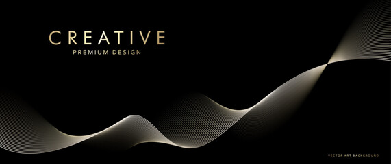Abstract elegant vector background with gold lines pattern on black. Premium illustration with 3D effects in motion for invitation, flyer, cover design, business banner, prestigious voucher, ads.