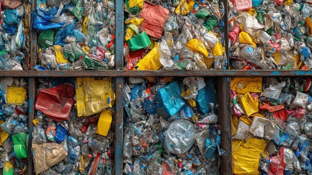 A collection of compressed plastic waste in various colors, stacked in a recycling facility. The scene highlights the issue of plastic pollution and waste management.