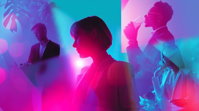 Modern professionals engaged in creative work during a vibrant neon-themed event at night