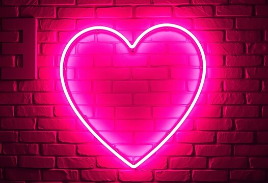 Glowing neon pink heart sign against a rustic brick wall,  display, night