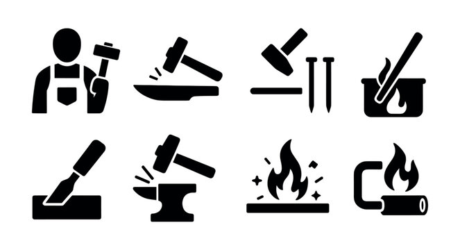 Blacksmith tools solid icon set. anvil, hammer, forge, craft, silhouette collection