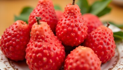 The fruit presents a vibrant red hue, deepening slightly around the stem. Its surface is dotted with tiny, seed like structures, each subtly indented and distributed evenly across the fleshy exterior