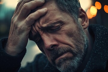 Crying middle-aged man suffering from pain in his head, blurred background, close-up portrait, Generative Ai 