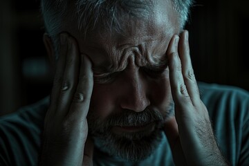 Crying middle-aged man suffering from pain in his head, blurred background, close-up portrait, Generative Ai 