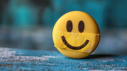 Yellow emoticon with bandaid in a chaotic setting digital artwork colorful background whimsical concept