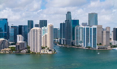 Fototapeta premium Aerial view of Brickell skyline in downtown Miami. Scenic panorama of Brickell financial district.