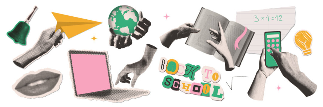Set of cutout halftone collage elements on the theme of back to school. Books, phone, laptop on hands etc isolated on transparent background.