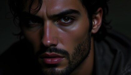A close up depiction reveals a man with a striking, angular face. His brow is furrowed deeply, drawing attention to the intense, penetrating gaze emanating from his dark eyes