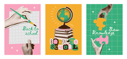 Fototapeta premium Set of halftone collage posters with hands. Drawing, developing, learning, designing concept. Back to school. Template for card, poster, banner, social media. Vector illustration