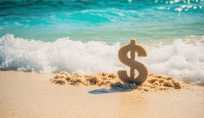 Dollar sign on a sandy beach symbolizes financial prosperity and success in life