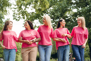 Women walking together in support of breast cancer awareness