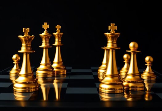 Futuristic golden chess pieces on a black board, strategic game concept, concept, strategy
