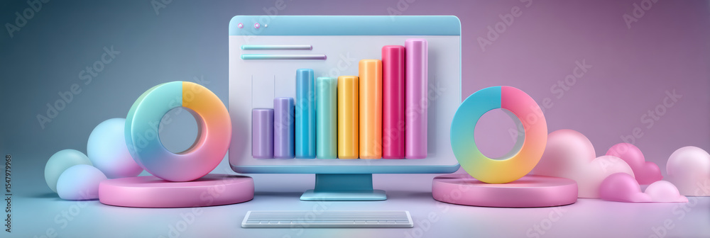 Poster colorful digital bar chart and donut graph on computer screen with keyboard and pastel cloud shapes 