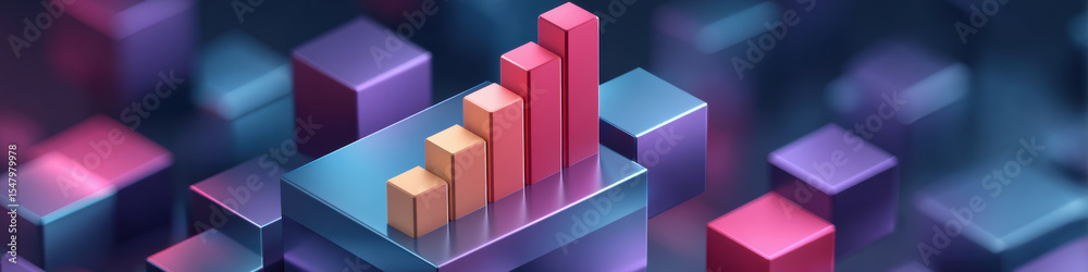Poster digital e commerce concept with colorful 3d bar chart and cubes representing growth and data visuali