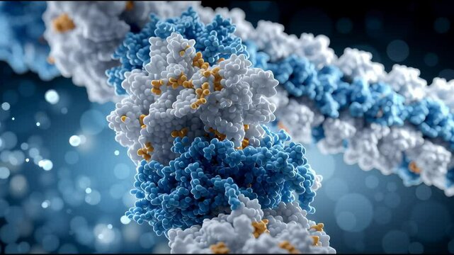3D visualization of protein synthesis inside ribosome, cell interior background
