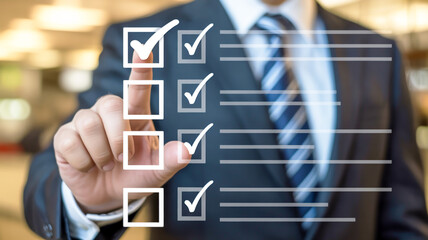 A professional business photograph showing a person in a dark suit and blue striped tie interacting with a digital checklist interface