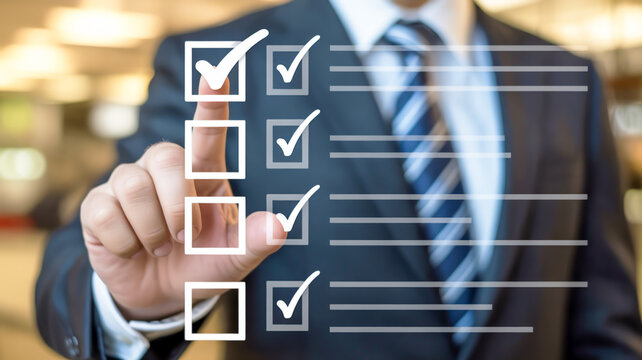 A professional business photograph showing a person in a dark suit and blue striped tie interacting with a digital checklist interface
