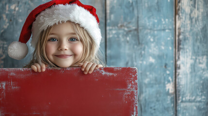 Smiling young girl with Santa hat holds a red board against weathered wood