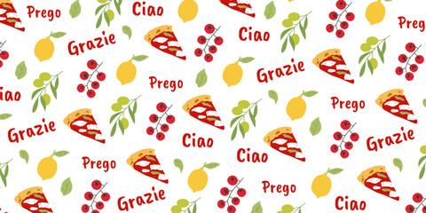 Seamless pattern with hand drawn pizza slices, lemons, cherry tomatoes, olives, basil leaves and Italian words. Fun Mediterranean food background.	