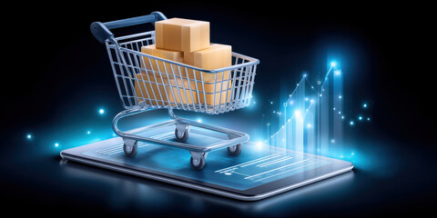 Ecommerce digital shopping cart with cardboard box on tablet screen and glowing graph chart for online business growth concept