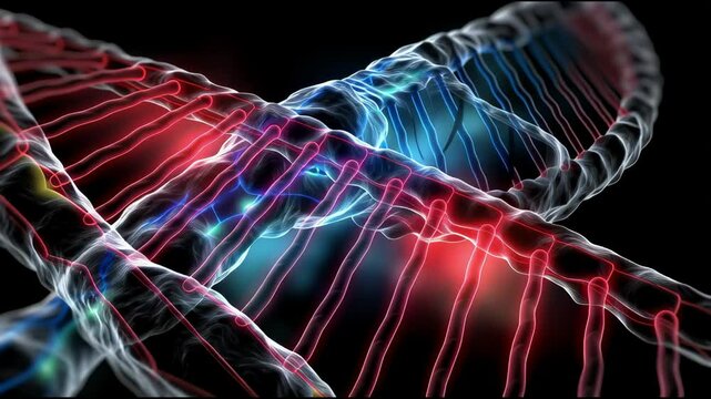 Chromosome structure mapped to human traits, genes highlighted in neon tone
