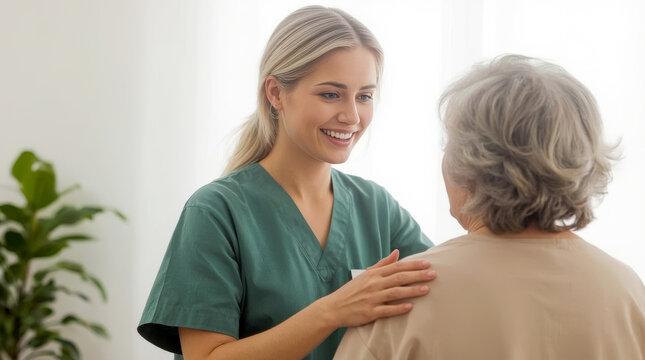 Friendly nurse supporting an elderly lady, warm and compassionate young female caregiver or nurse, with light hair tied back, wearing green medical scrubs