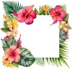 Watercolor tropical floral frame with hibiscus and jungle leaves. Colorful square botanical border for wedding invitation card summer greeting decorative design and exotic art projects.
