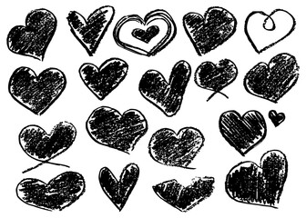 Set of hand drawn chalk hearts. Grunge childish drawing of hearts with crayon pencil texture. Different love hearts for Valentines Day