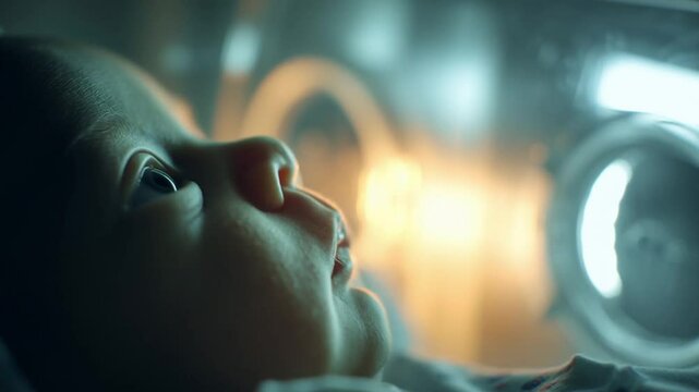 Baby observed through transparent incubator