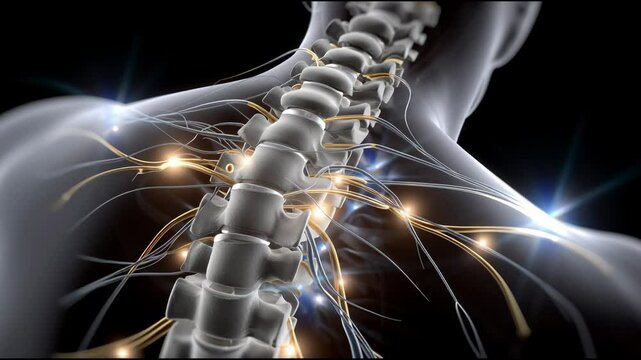 Medical illustration of spinal cord with vertebrae and nerve roots labeled

