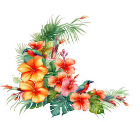 Watercolor tropical floral frame with hibiscus, birds and jungle leaves. Colorful square botanical border for wedding, invitation,  card, summer greeting decorative design and exotic art projects..