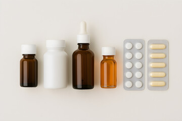 Doctors&rsquo; Day 2025 Medical Scene with Medicine Bottles, Blister Packs, and White Tabletop Setup &ndash; Healthcare Supplies Concept
