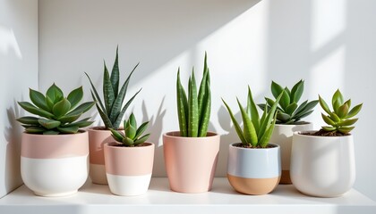 Obraz premium succulent plants in ceramic pots on white shelf with natural light, trendy decor concept for wellness and interior blogs, pastel style, at the top with copy space at the bottom.