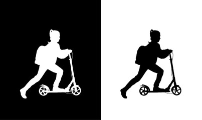 people silhouette of electric scooter, kid riding scooter silhouette vector illustration, kid playing with toys, little girl playing with toys silhouette vector illustration, child playing silhouette,