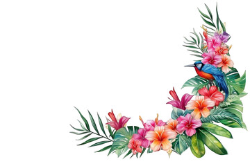 Watercolor tropical floral frame with hibiscus, birds and jungle leaves. Colorful square botanical border for wedding, invitation,  card, summer greeting decorative design and exotic art projects..