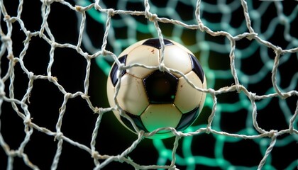 studio lit football caught in net against black background, at bottom with luminous green tones, top left corner has ample copy space.