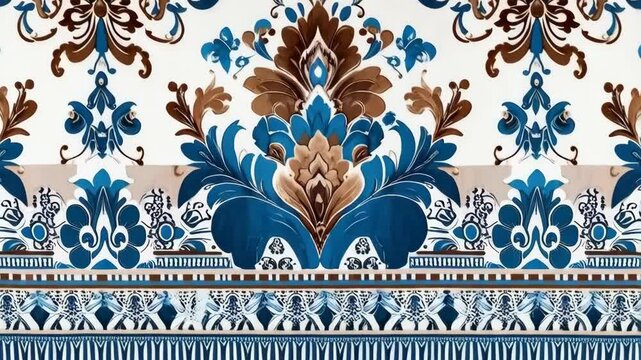 Detailed floral damask seamless repeat pattern with a stylized vintage aesthetic in shades of blue, brown, and white color palettes.