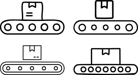 Conveyor Belt with Package Icon Set Black and white Logistics and Automation Line Illustration