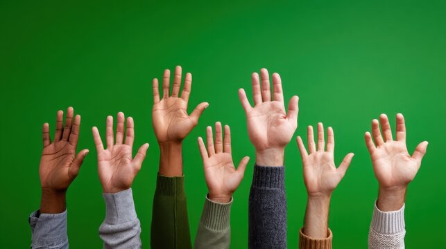 Diverse group of people raising hands in unity