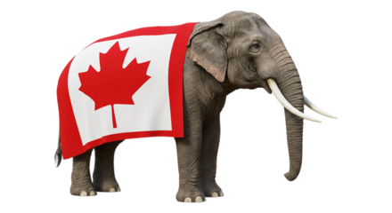 Elephant with Canadian Flag: A majestic elephant draped with the iconic Canadian flag, symbolizing strength, national pride, and unity. The image is set against a clean background.