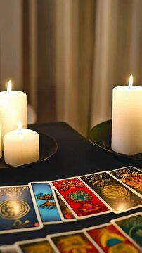 Arrangement of tarot cards and burning candles on a draped table evoking divination and mystical ambiance for spiritual seekers