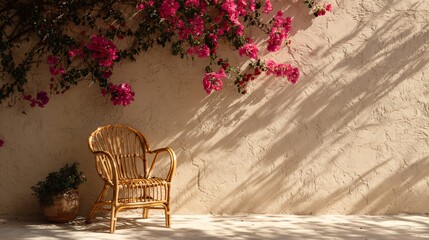 Warm stucco wall with trailing bougainvillea and rattan chair, midday sunlight, coastal charm